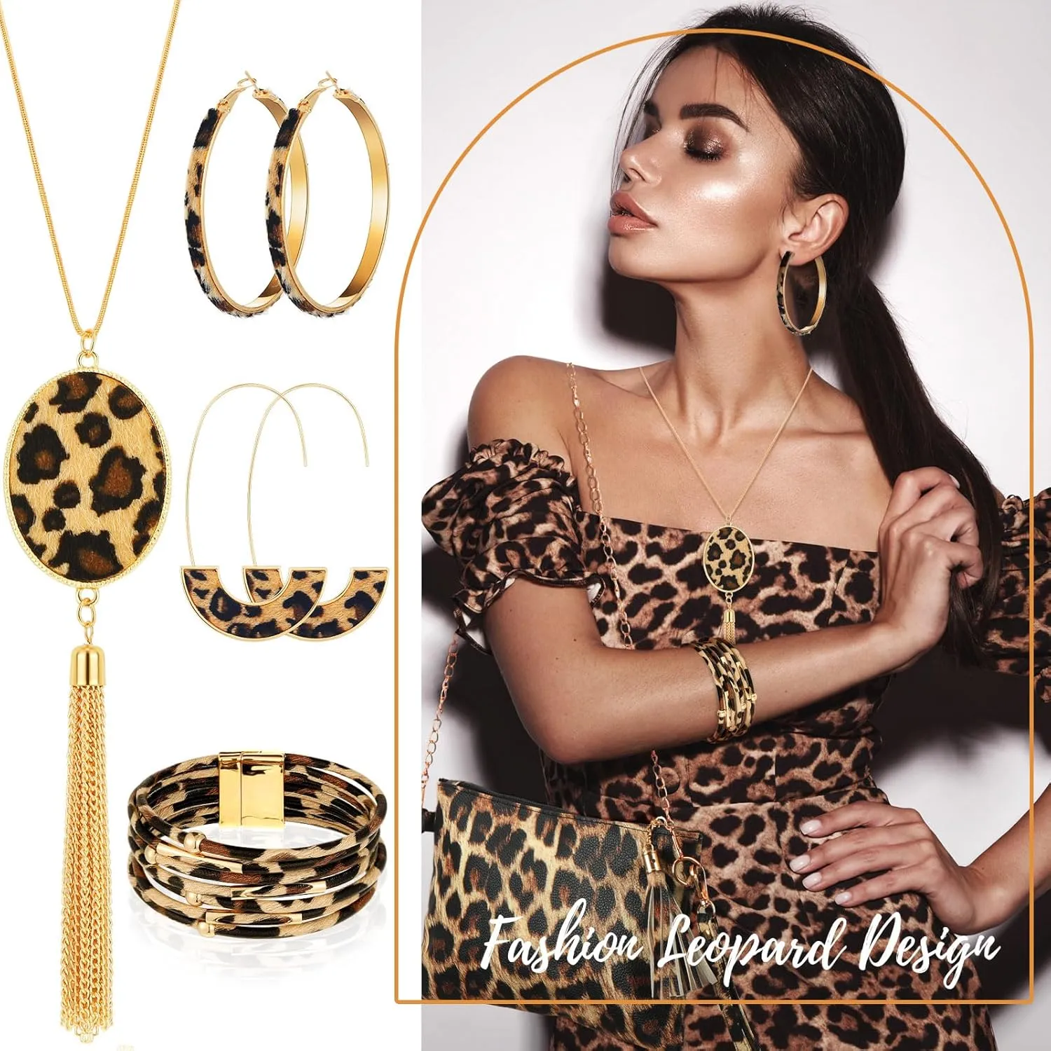Sotiff 5 Pcs Women Leopard Purse Leopard Jewelry Set Necklaces Clutch Earring Leather Wrap Bracelets Long Tassel Pendant