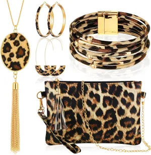 Sotiff 5 Pcs Women Leopard Purse Leopard Jewelry Set Necklaces Clutch Earring Leather Wrap Bracelets Long Tassel Pendant
