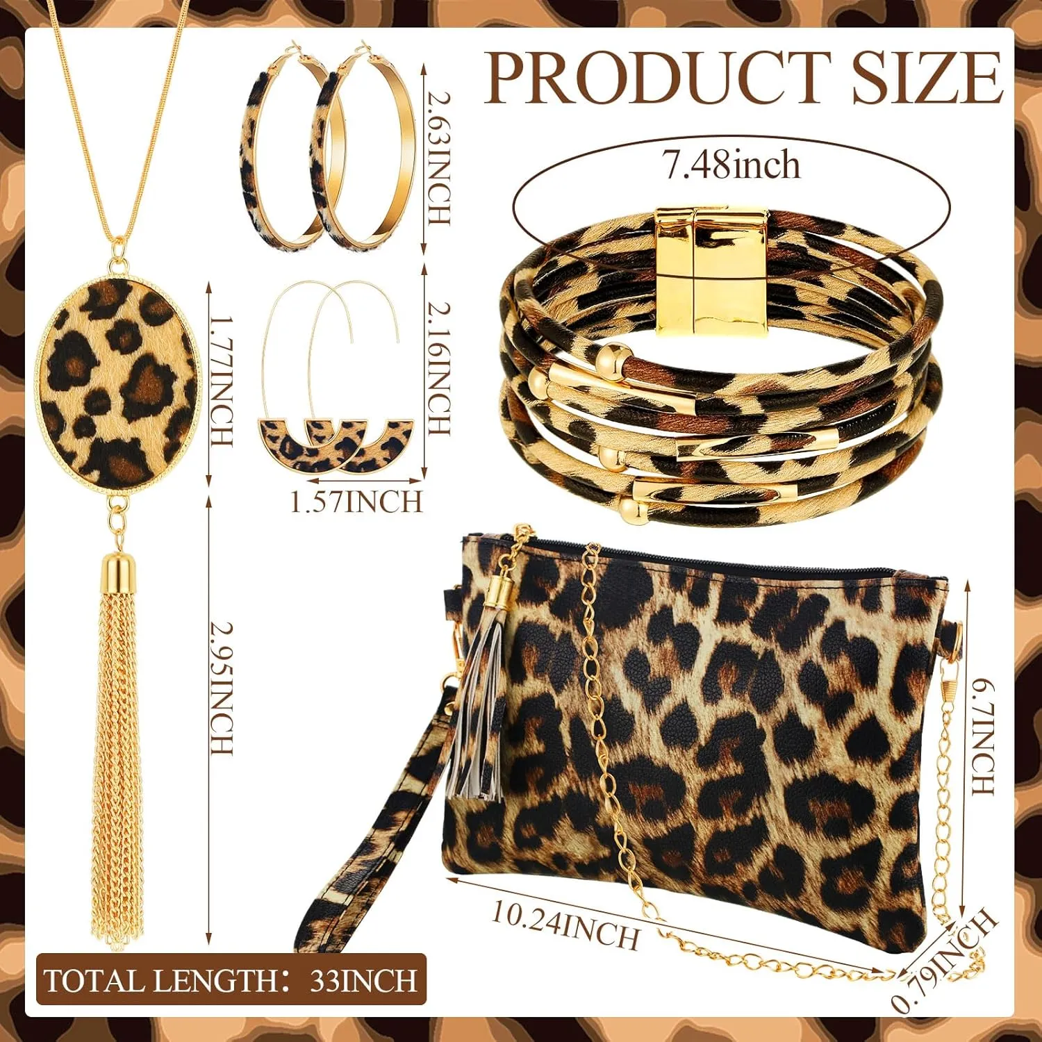 Sotiff 5 Pcs Women Leopard Purse Leopard Jewelry Set Necklaces Clutch Earring Leather Wrap Bracelets Long Tassel Pendant