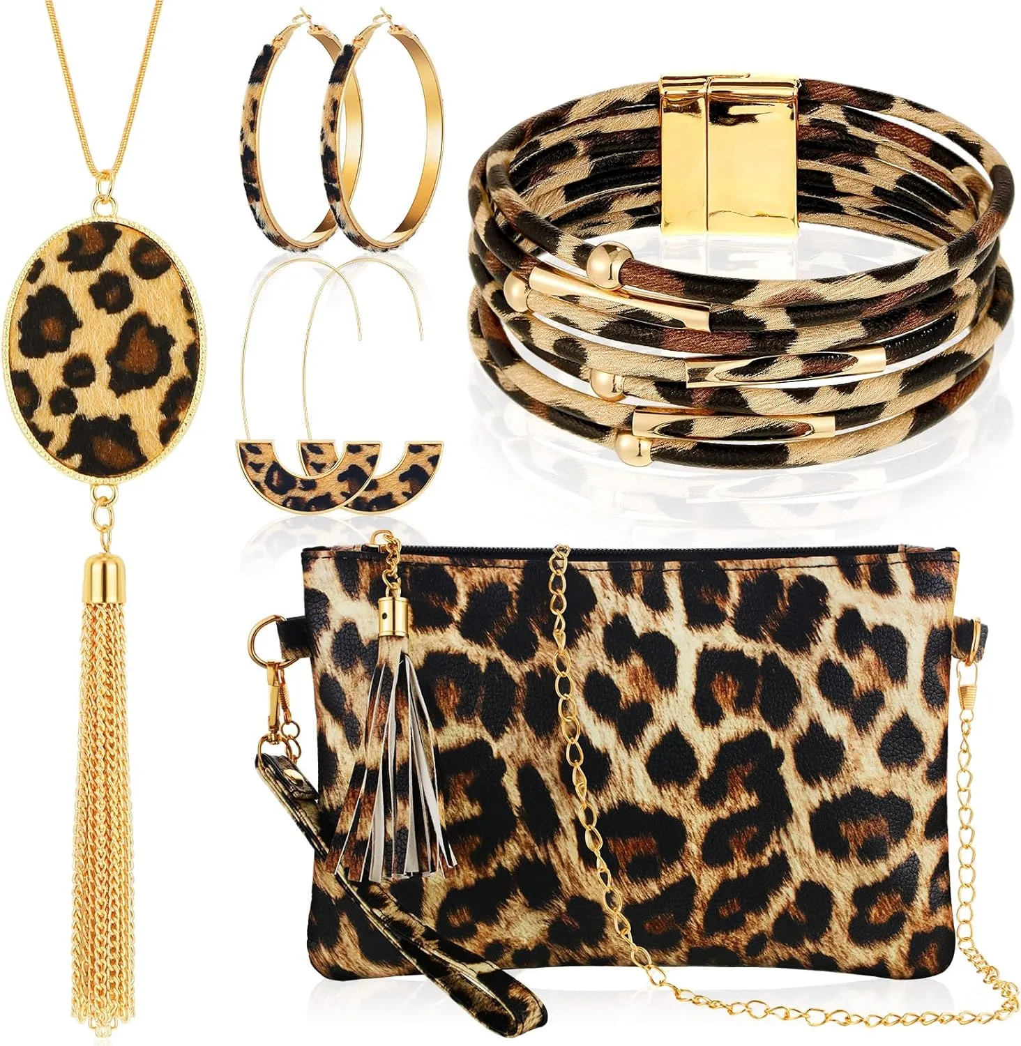 Sotiff 5 Pcs Women Leopard Purse Leopard Jewelry Set Necklaces Clutch Earring Leather Wrap Bracelets Long Tassel Pendant