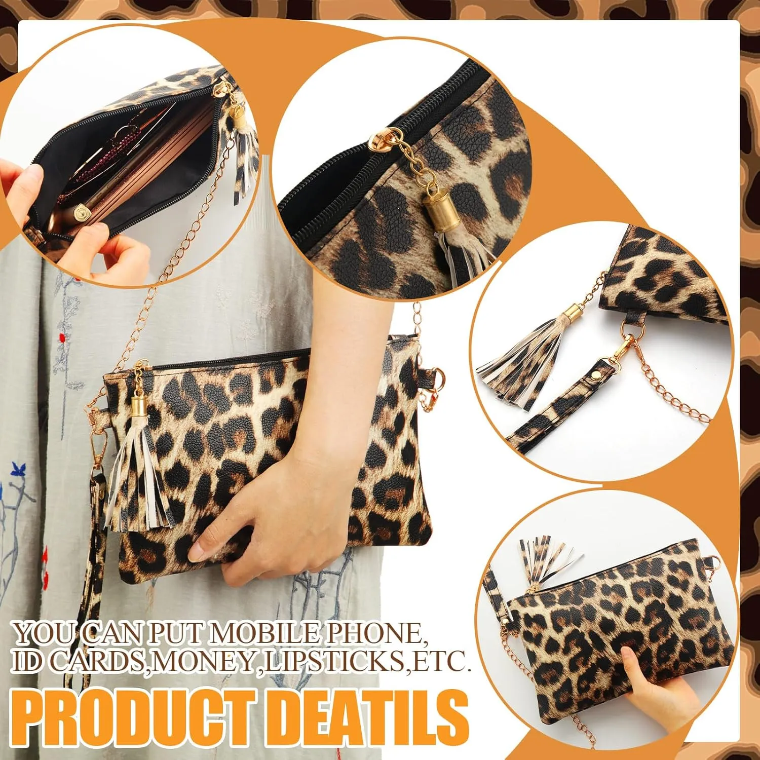 Sotiff 5 Pcs Women Leopard Purse Leopard Jewelry Set Necklaces Clutch Earring Leather Wrap Bracelets Long Tassel Pendant