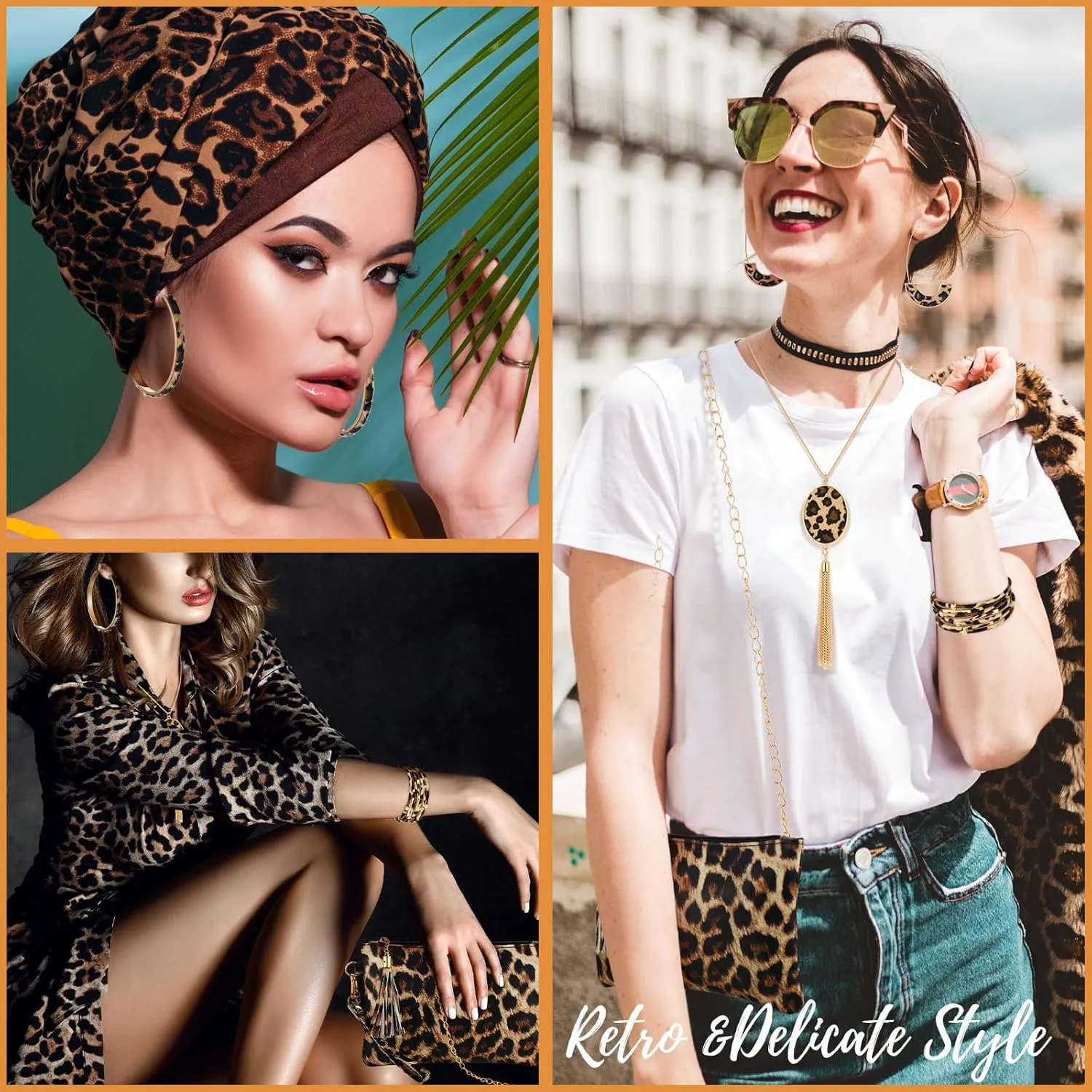 Sotiff 5 Pcs Women Leopard Purse Leopard Jewelry Set Necklaces Clutch Earring Leather Wrap Bracelets Long Tassel Pendant