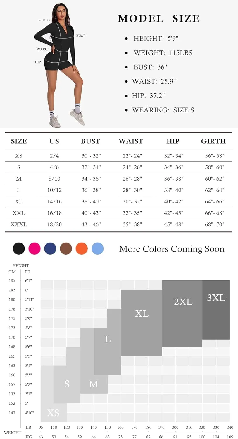 speerise Women Long Sleeve One Piece Jumpsuit Short Pants Leotard Romper Sexy Zip Front Workout Bodysuit