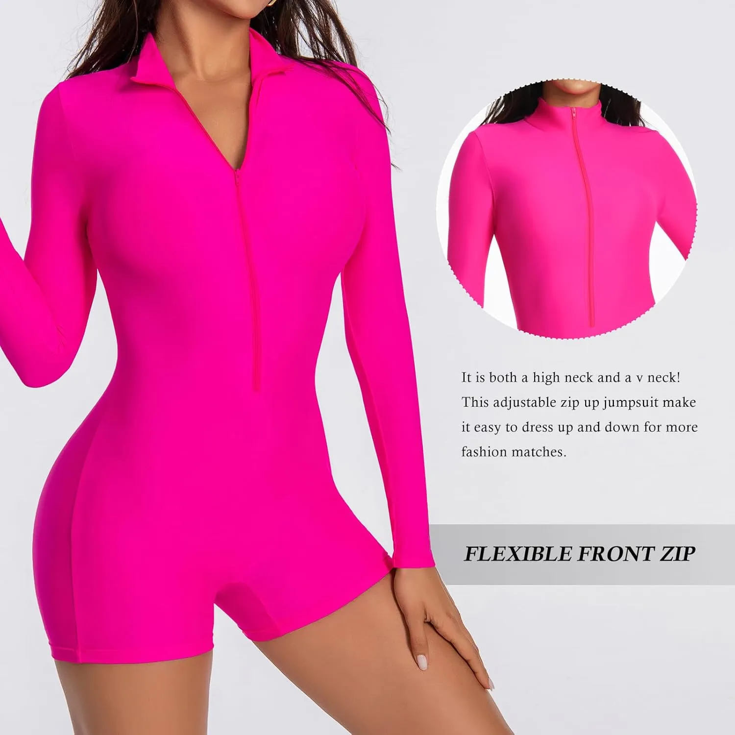 speerise Women Long Sleeve One Piece Jumpsuit Short Pants Leotard Romper Sexy Zip Front Workout Bodysuit