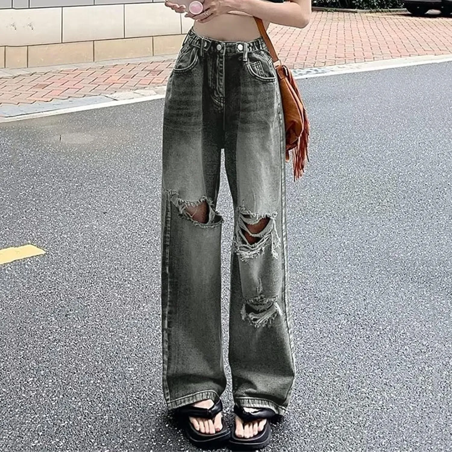 Straight Leg Jeans for Women High Waisted Frayed Baggy Pants Raw Hem Loose Floor Length Wide Leg Boyfriends Jeans