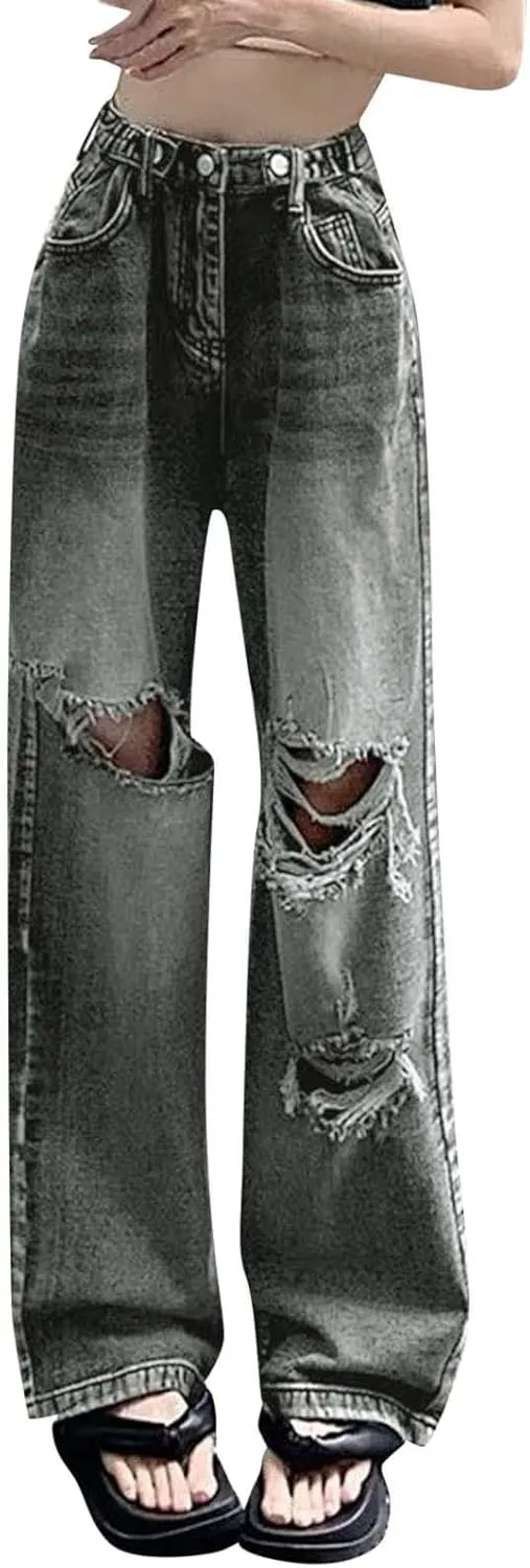 Straight Leg Jeans for Women High Waisted Frayed Baggy Pants Raw Hem Loose Floor Length Wide Leg Boyfriends Jeans