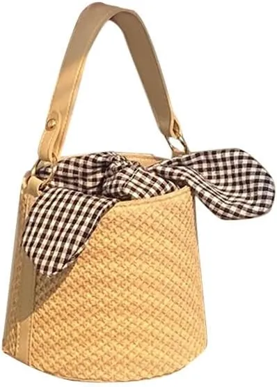 Straw woven bucket bag for women in summer 2025, fashionable knot tying, hand-held crossbody woven women's bag