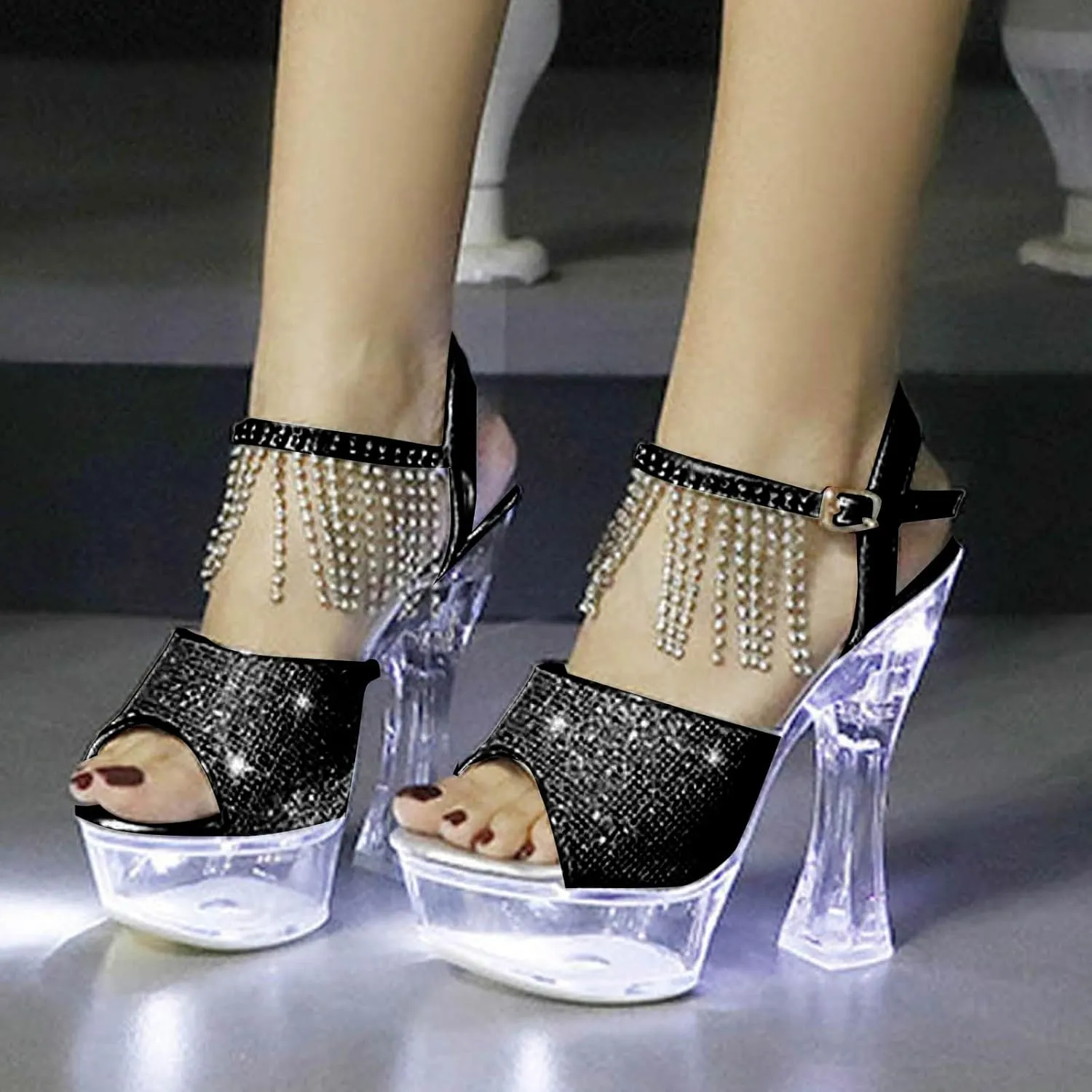 SuanlaTDS Chunky Block Heel Sandals for Women Dressy 2025 Rhinestones Ankle Strap Open Toe Sexy Wedding Party Dress Shoes Platform Summer Clear High Heels Slingback Heeled Sandal
