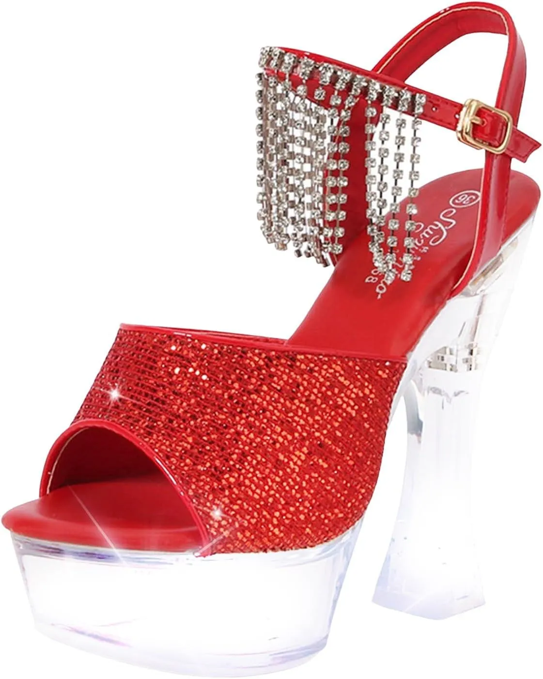 SuanlaTDS Chunky Block Heel Sandals for Women Dressy 2025 Rhinestones Ankle Strap Open Toe Sexy Wedding Party Dress Shoes Platform Summer Clear High Heels Slingback Heeled Sandal