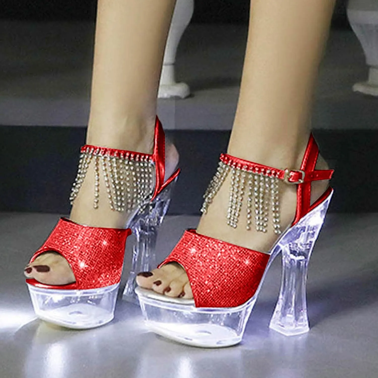 SuanlaTDS Chunky Block Heel Sandals for Women Dressy 2025 Rhinestones Ankle Strap Open Toe Sexy Wedding Party Dress Shoes Platform Summer Clear High Heels Slingback Heeled Sandal