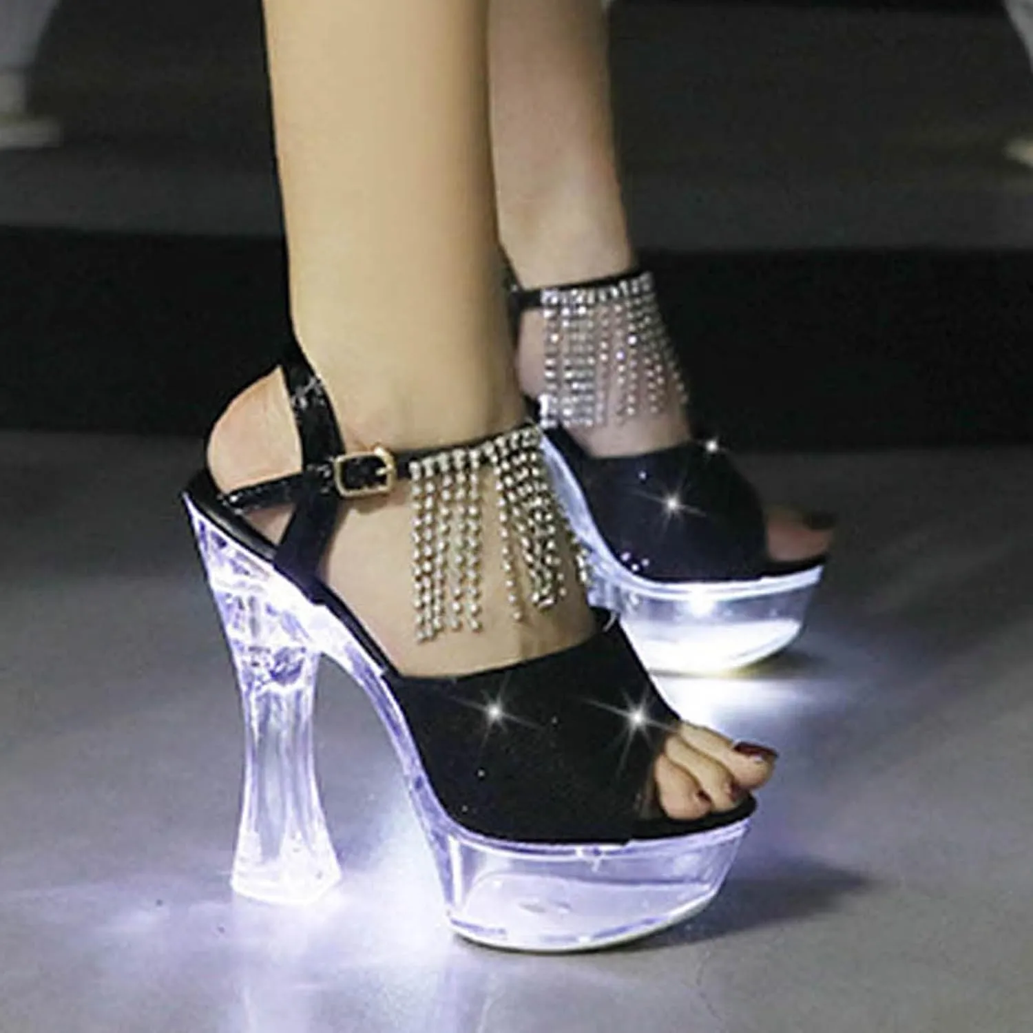 SuanlaTDS Chunky Block Heel Sandals for Women Dressy 2025 Rhinestones Ankle Strap Open Toe Sexy Wedding Party Dress Shoes Platform Summer Clear High Heels Slingback Heeled Sandal