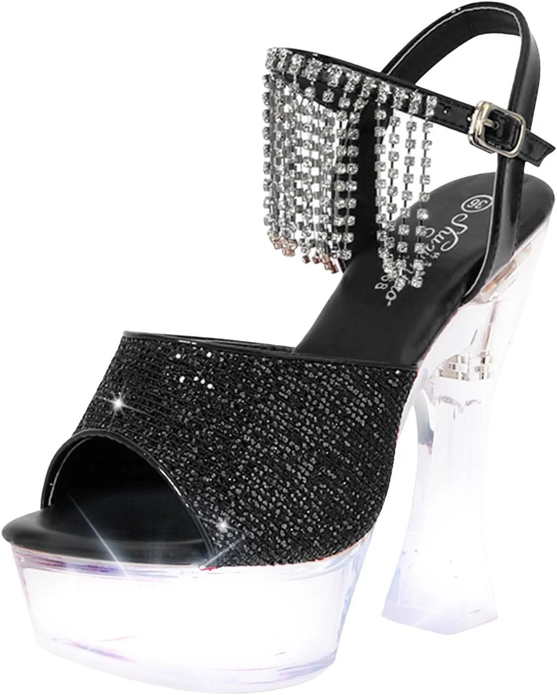 SuanlaTDS Chunky Block Heel Sandals for Women Dressy 2025 Rhinestones Ankle Strap Open Toe Sexy Wedding Party Dress Shoes Platform Summer Clear High Heels Slingback Heeled Sandal