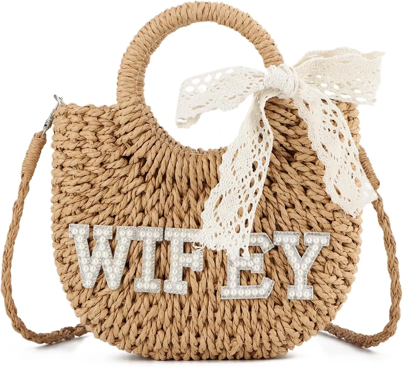 SUKUTU Women Bride Straw Tote Bag Handwoven Bag Rhinestone Letter Plush Ball Wedding Summer Beach Vacation Bridal Shower Gift