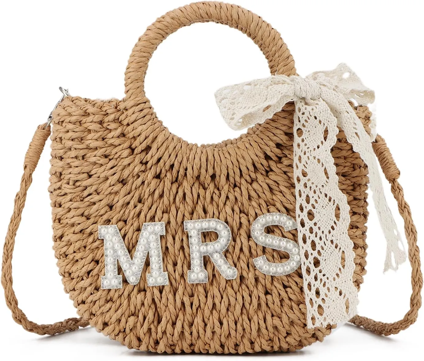 SUKUTU Women Bride Straw Tote Bag Handwoven Bag Rhinestone Letter Plush Ball Wedding Summer Beach Vacation Bridal Shower Gift