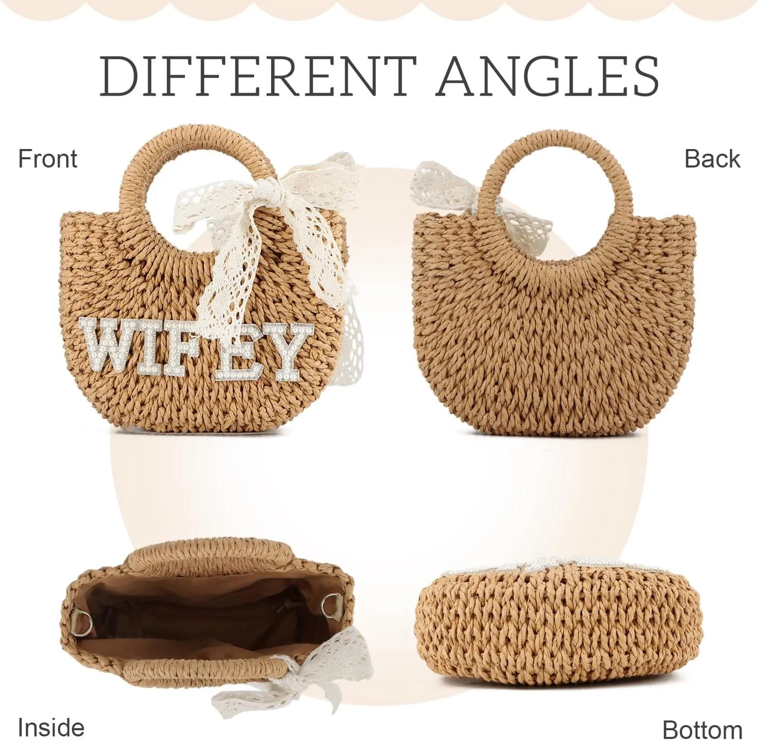 SUKUTU Women Bride Straw Tote Bag Handwoven Bag Rhinestone Letter Plush Ball Wedding Summer Beach Vacation Bridal Shower Gift