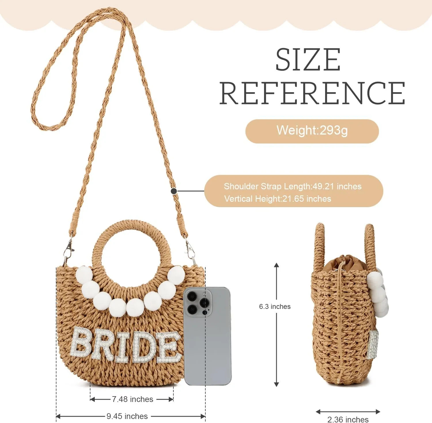 SUKUTU Women Bride Straw Tote Bag Handwoven Bag Rhinestone Letter Plush Ball Wedding Summer Beach Vacation Bridal Shower Gift