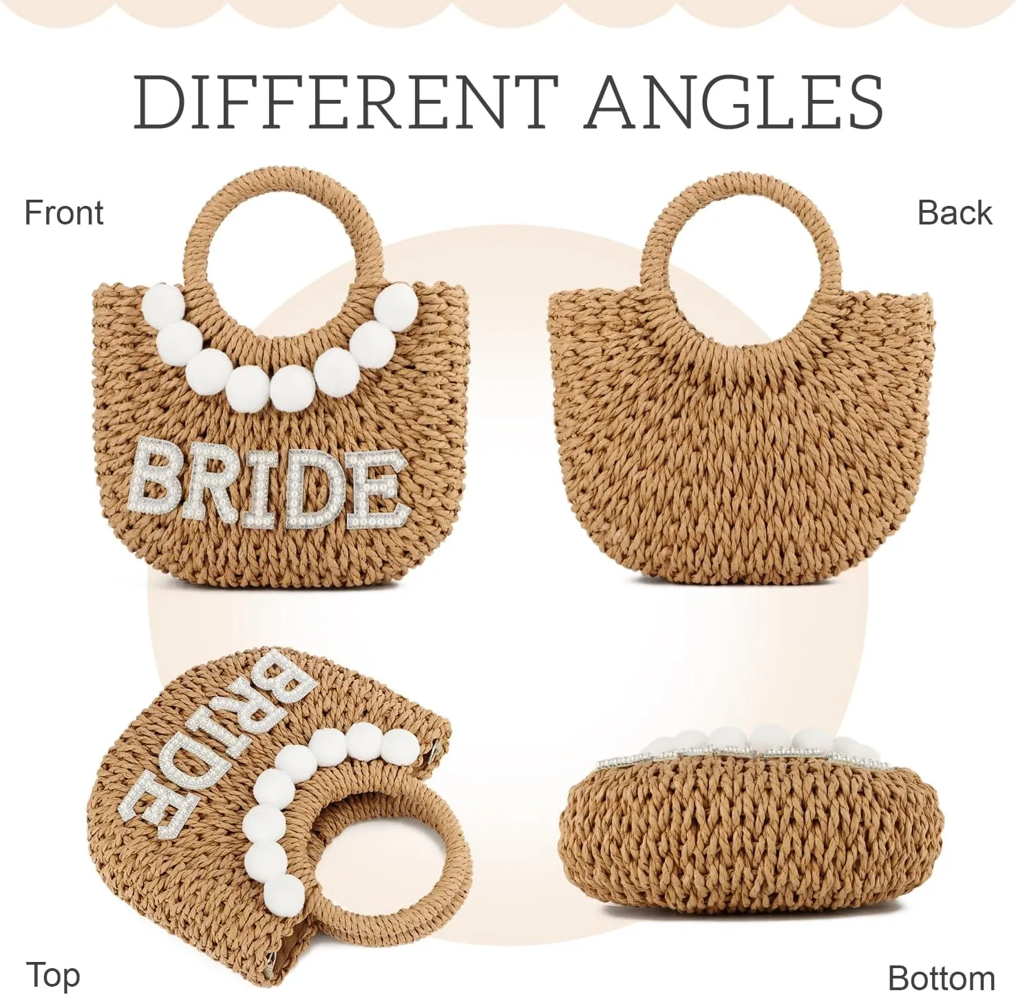 SUKUTU Women Bride Straw Tote Bag Handwoven Bag Rhinestone Letter Plush Ball Wedding Summer Beach Vacation Bridal Shower Gift