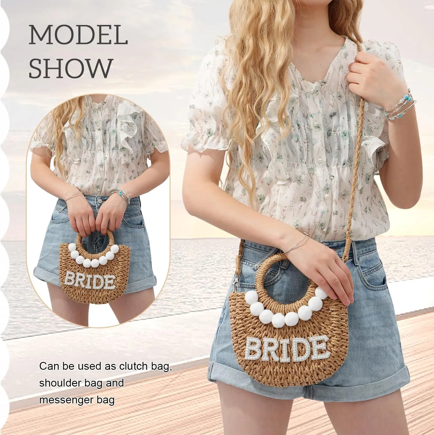 SUKUTU Women Bride Straw Tote Bag Handwoven Bag Rhinestone Letter Plush Ball Wedding Summer Beach Vacation Bridal Shower Gift