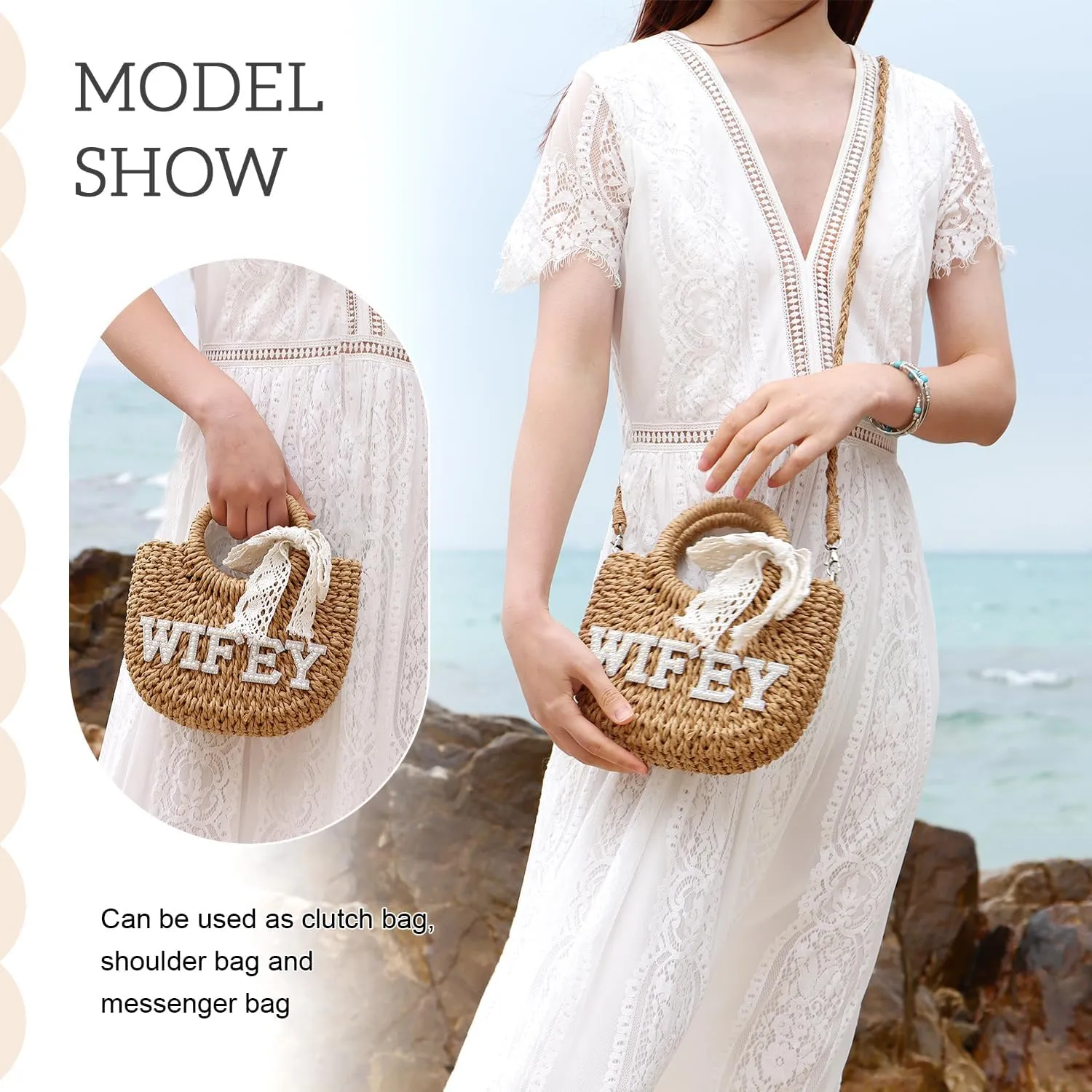SUKUTU Women Bride Straw Tote Bag Handwoven Bag Rhinestone Letter Plush Ball Wedding Summer Beach Vacation Bridal Shower Gift