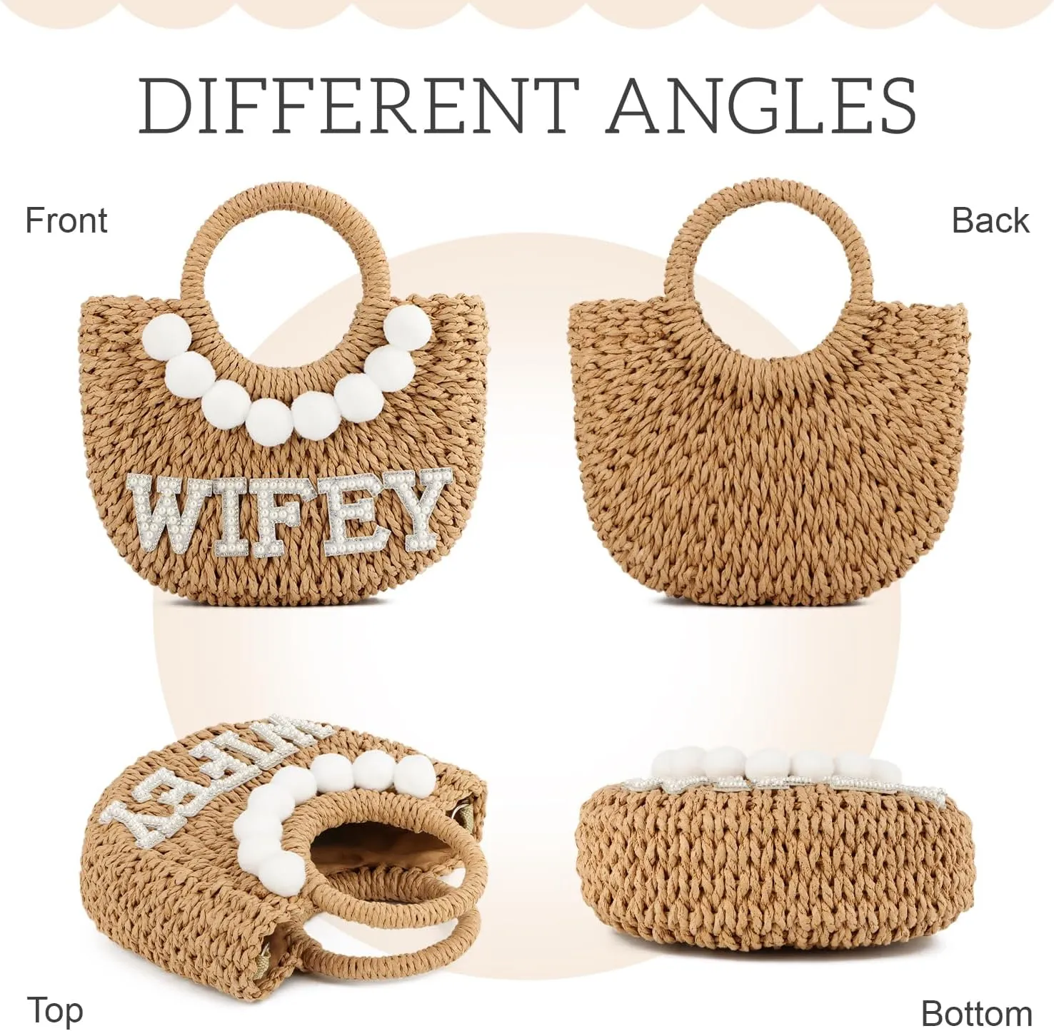 SUKUTU Women Bride Straw Tote Bag Handwoven Bag Rhinestone Letter Plush Ball Wedding Summer Beach Vacation Bridal Shower Gift