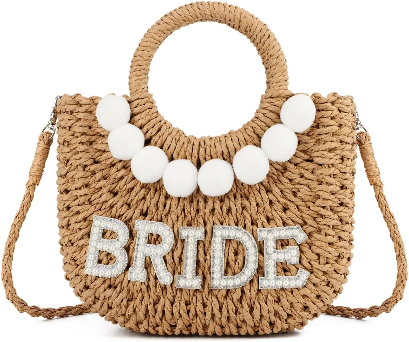 SUKUTU Women Bride Straw Tote Bag Handwoven Bag Rhinestone Letter Plush Ball Wedding Summer Beach Vacation Bridal Shower Gift