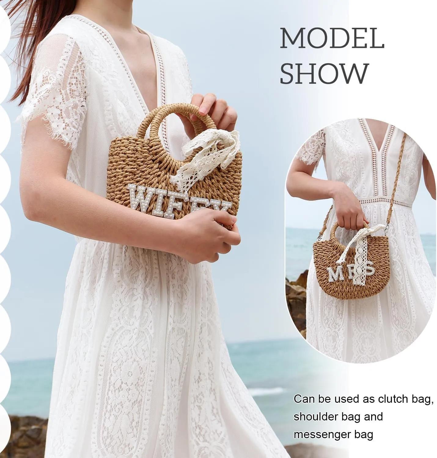 SUKUTU Women Bride Straw Tote Bag Handwoven Bag Rhinestone Letter Plush Ball Wedding Summer Beach Vacation Bridal Shower Gift
