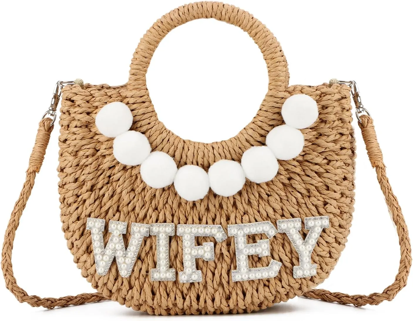 SUKUTU Women Bride Straw Tote Bag Handwoven Bag Rhinestone Letter Plush Ball Wedding Summer Beach Vacation Bridal Shower Gift
