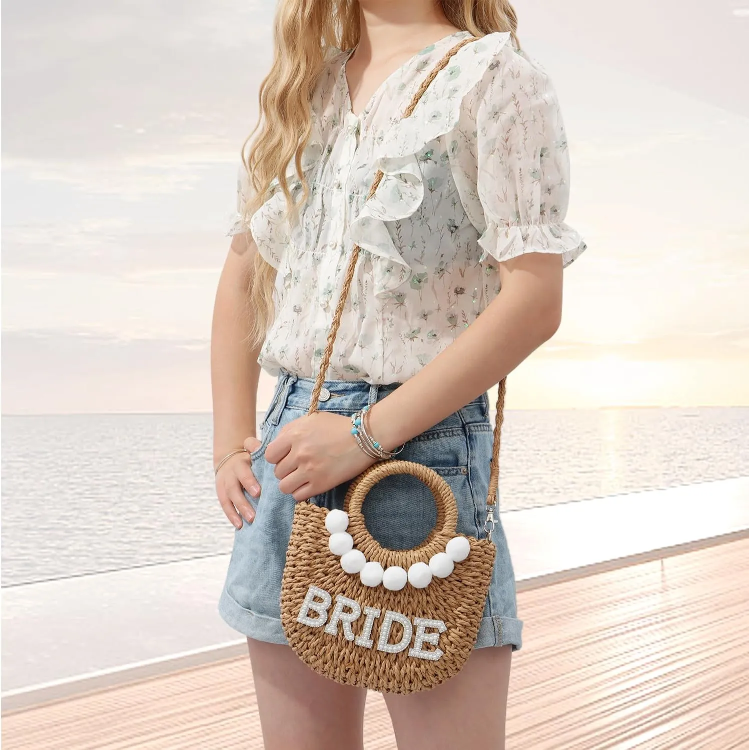 SUKUTU Women Bride Straw Tote Bag Handwoven Bag Rhinestone Letter Plush Ball Wedding Summer Beach Vacation Bridal Shower Gift