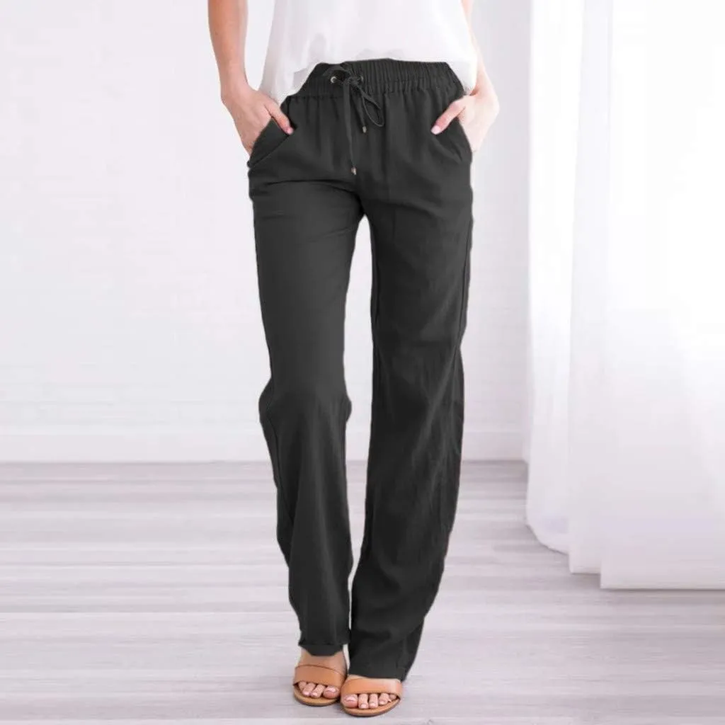 Summer Beach Linen Pants for Women Casual Drawstring Elastic Waist Pants Wide Leg Trousers with Pockets