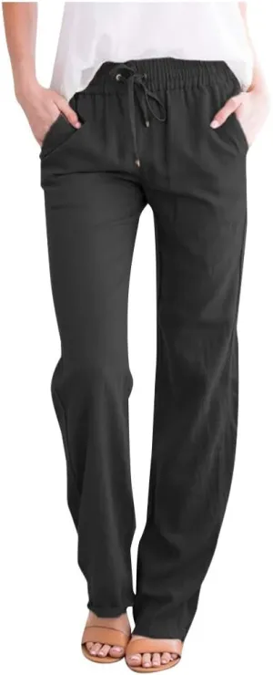 Summer Beach Linen Pants for Women Casual Drawstring Elastic Waist Pants Wide Leg Trousers with Pockets