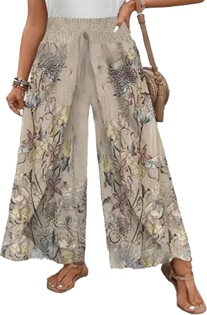 Summer Pants for Women 2025 Casual Boho Wide Leg High Waist Drawstring Trousers Flowy Side Split Palazzo Pants