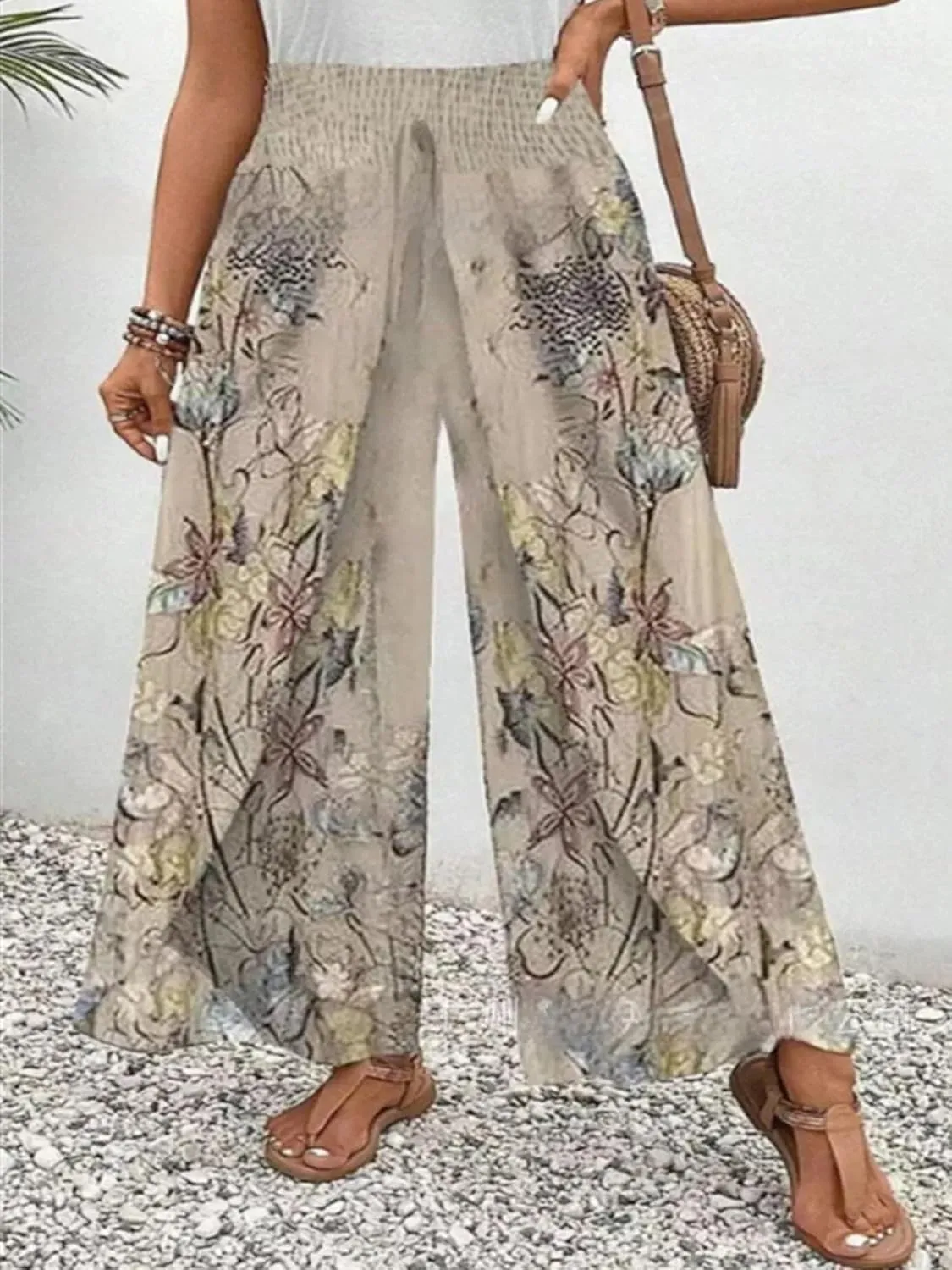 Summer Pants for Women 2025 Casual Boho Wide Leg High Waist Drawstring Trousers Flowy Side Split Palazzo Pants