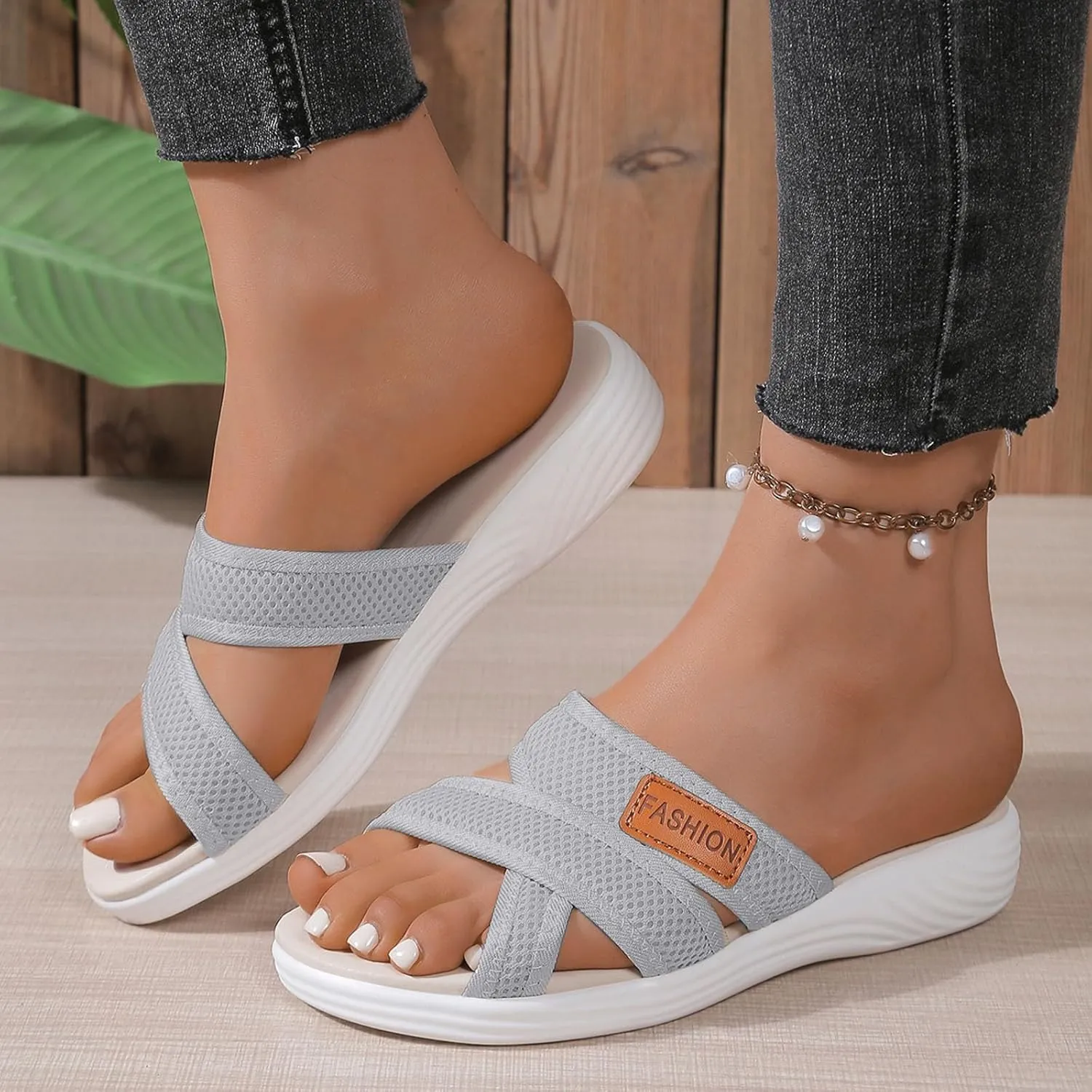 Summer Sandals For Women 2025,Women's Slide Sandals,Comfortable Trendy Beach Breathable Hollow Mesh Casual Orthopedic Comfy Low Heel Plantar Fasciitis Bunion Walking Sandal for Daily Wear