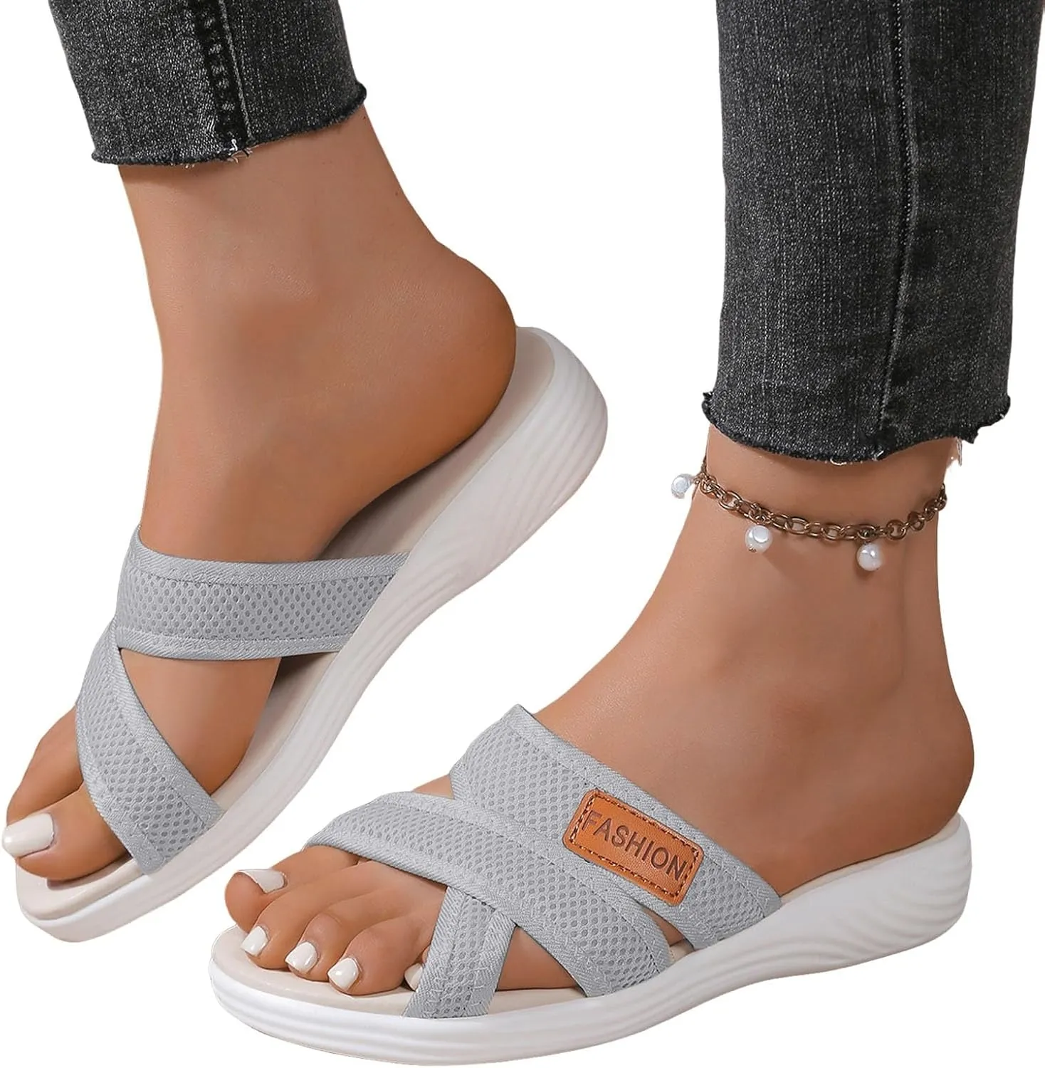 Summer Sandals For Women 2025,Women's Slide Sandals,Comfortable Trendy Beach Breathable Hollow Mesh Casual Orthopedic Comfy Low Heel Plantar Fasciitis Bunion Walking Sandal for Daily Wear