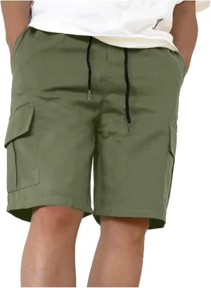 Summer Shorts with Multi Pocket Tie Elastic Waist Solid Color Cargo Shorts for Men Basic Casual Loose Fit