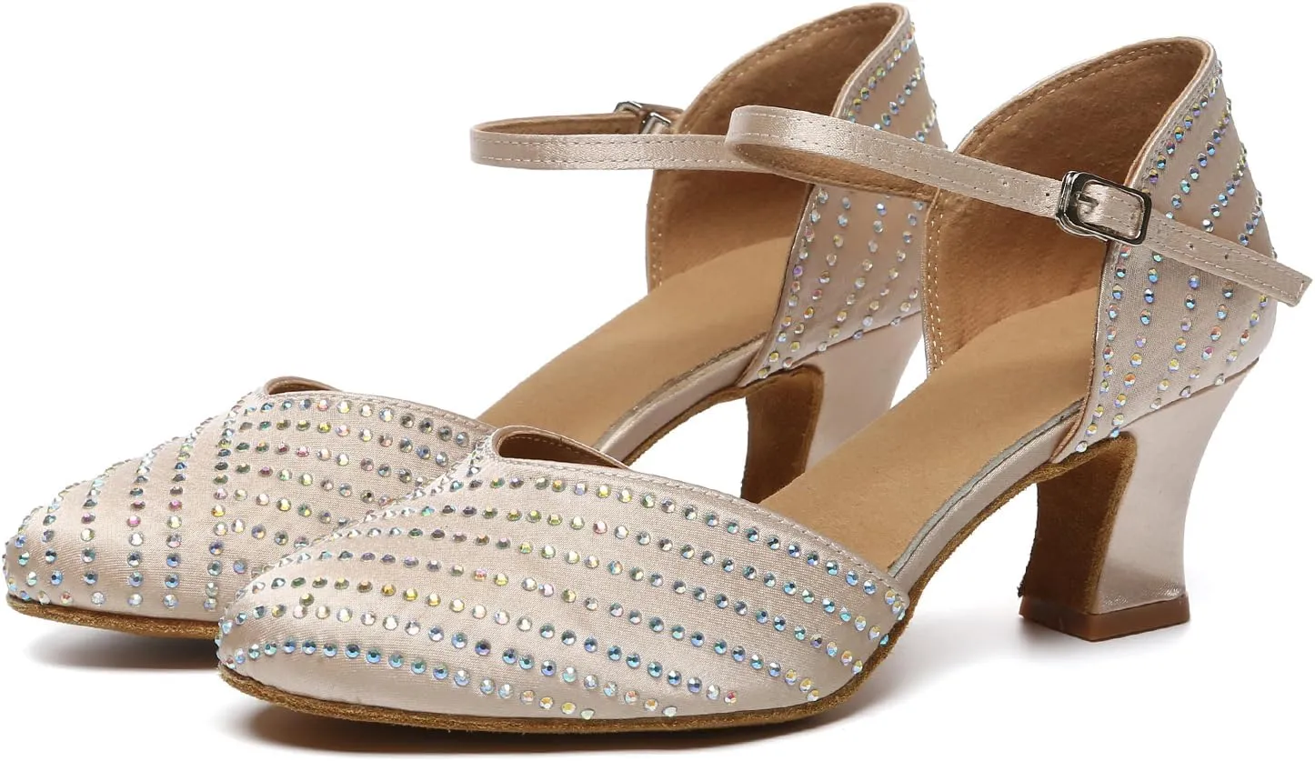 SWDZM Ballroom Dance Shoes Rhinestone Closed Toe Salsa Waltz Charater Dancing Heels
