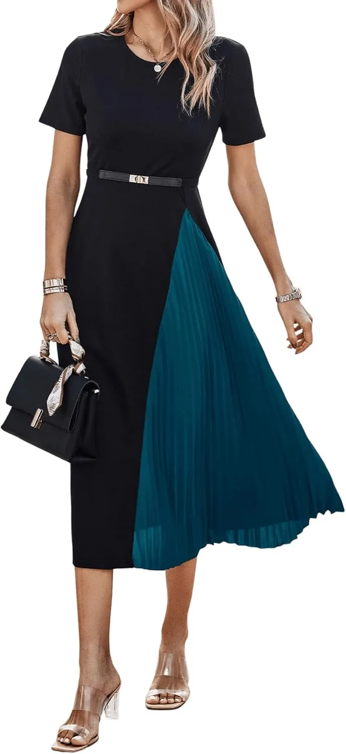 SweatyRocks Women's Color Block Pleated Dress Casual Short Sleeve Round Neck A Line Midi Dresses