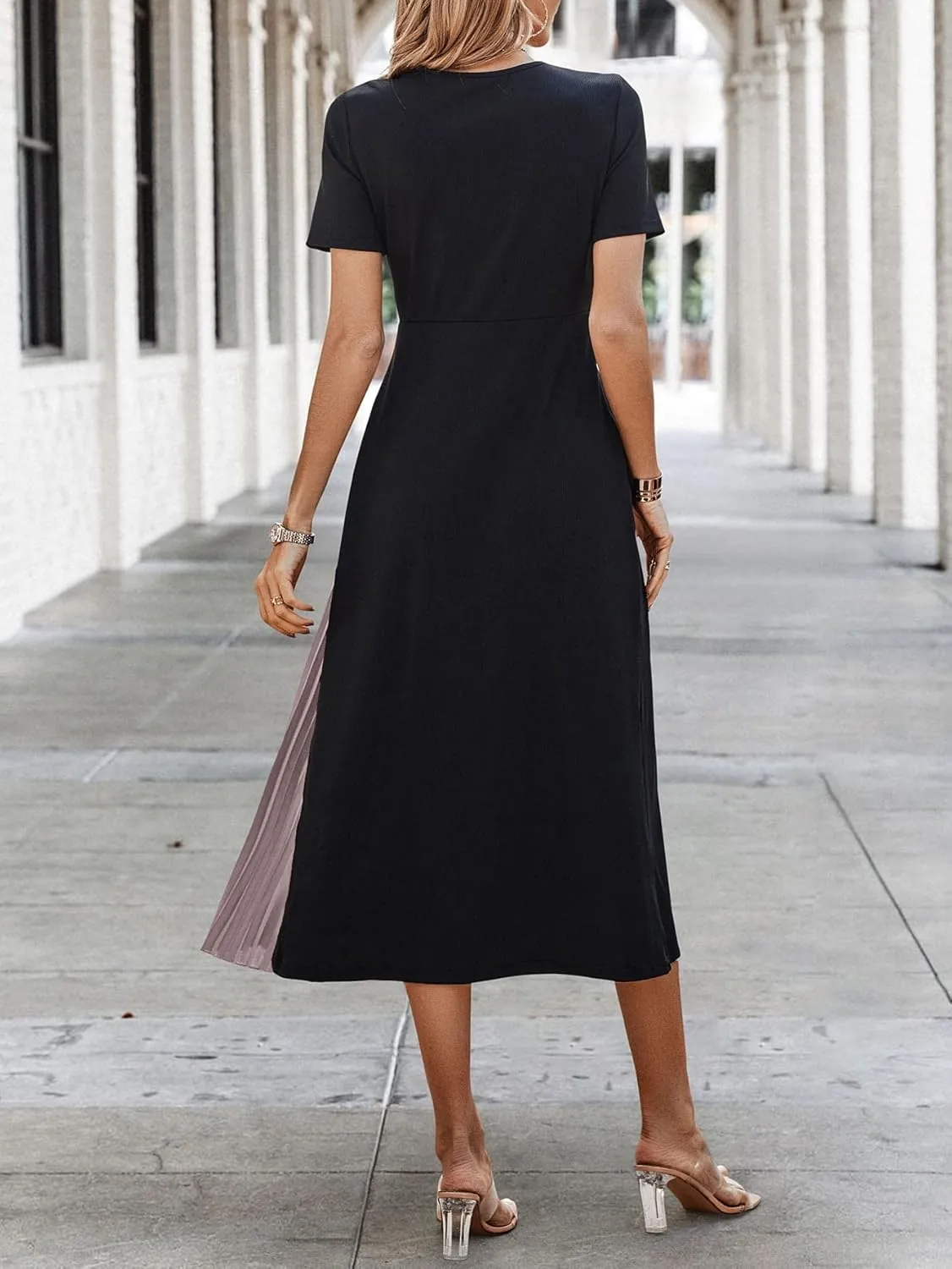 SweatyRocks Women's Color Block Pleated Dress Casual Short Sleeve Round Neck A Line Midi Dresses