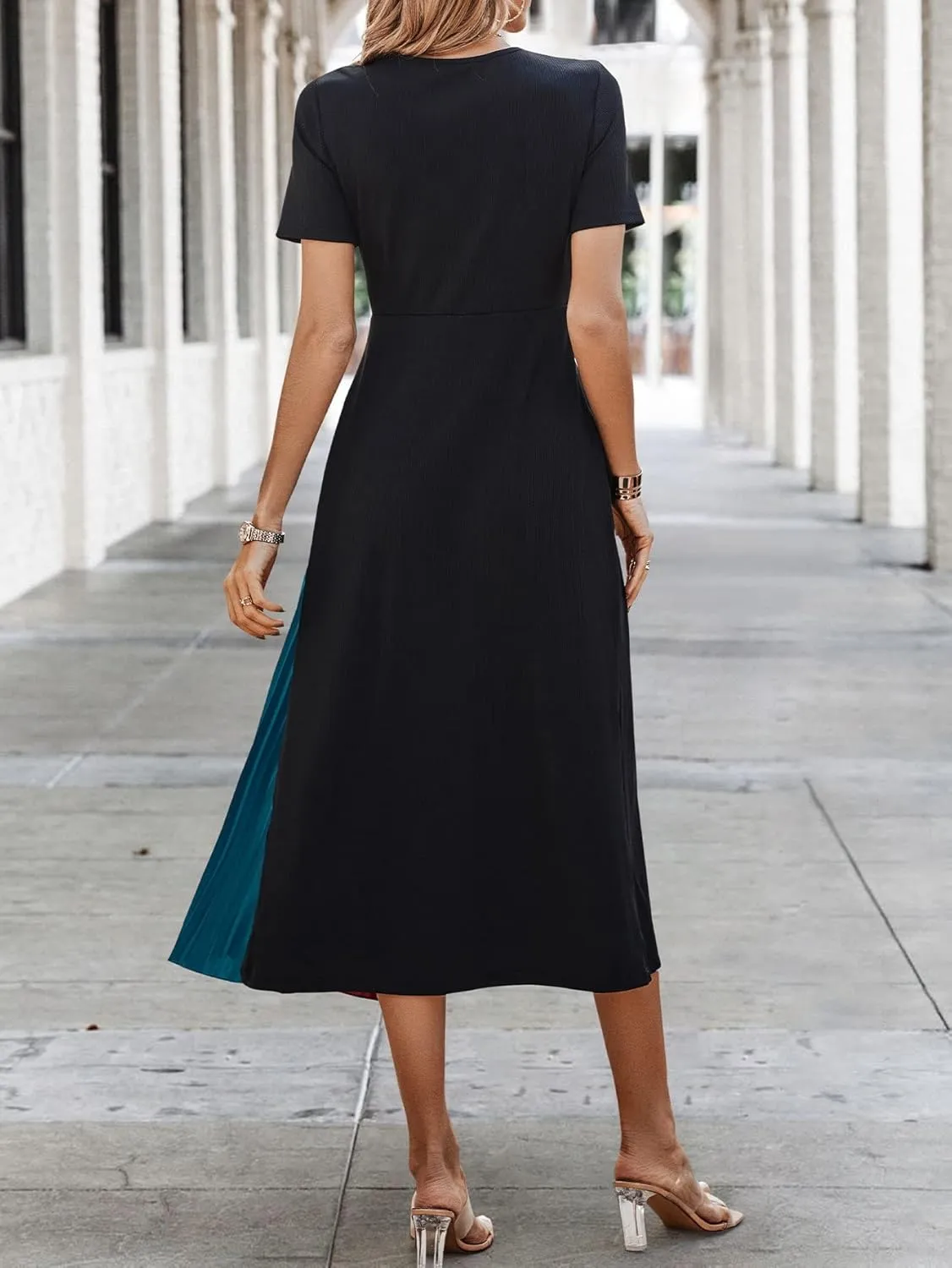 SweatyRocks Women's Color Block Pleated Dress Casual Short Sleeve Round Neck A Line Midi Dresses