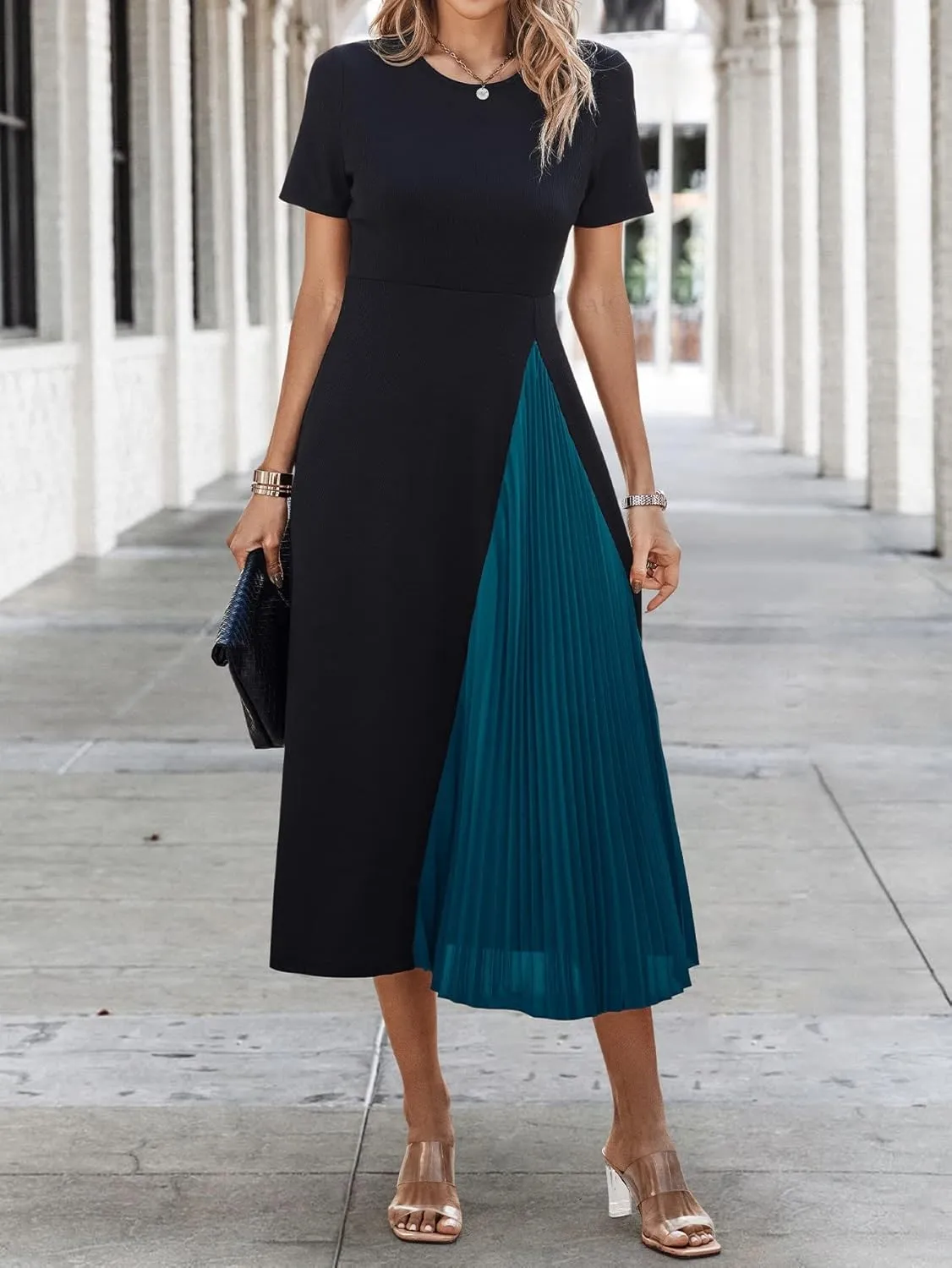 SweatyRocks Women's Color Block Pleated Dress Casual Short Sleeve Round Neck A Line Midi Dresses