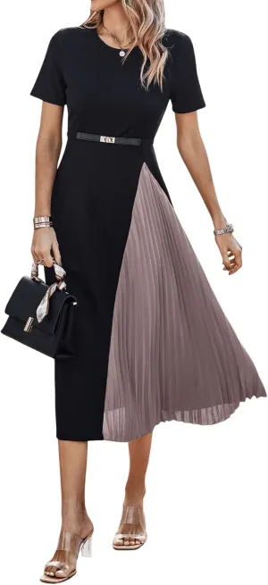 SweatyRocks Women's Color Block Pleated Dress Casual Short Sleeve Round Neck A Line Midi Dresses