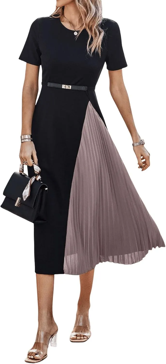 SweatyRocks Women's Color Block Pleated Dress Casual Short Sleeve Round Neck A Line Midi Dresses