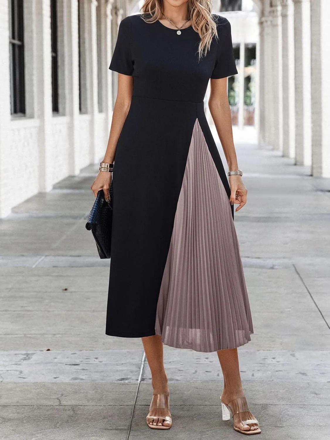SweatyRocks Women's Color Block Pleated Dress Casual Short Sleeve Round Neck A Line Midi Dresses