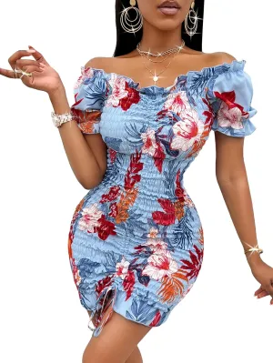 SweatyRocks Women's Floral Off Shoulder Ruched Dress Ruffle Trim Drawstring Mini Bodycon Dress Blue M