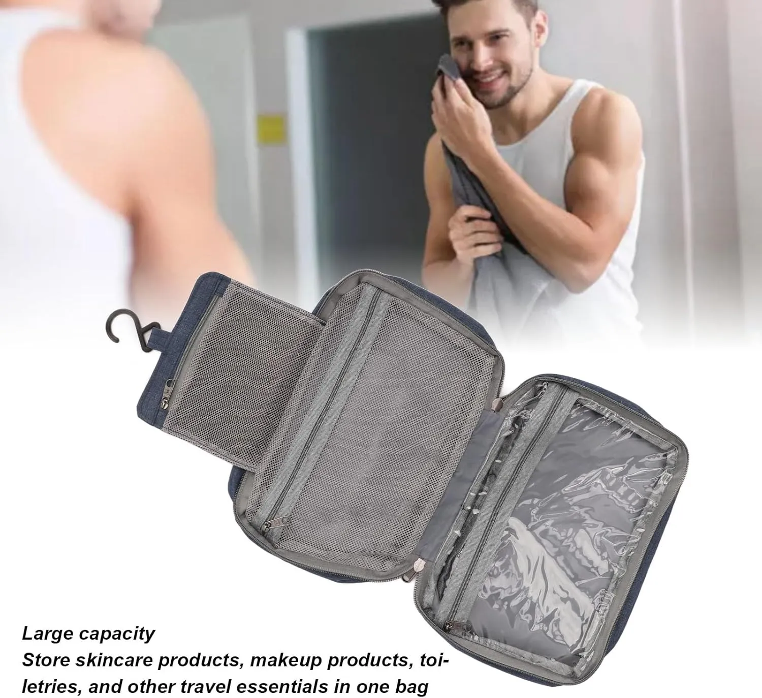Travel Hanging Toiletry Bag Hanging Travel Cosmetic Bag Folded Toiletry Wash Organiser Pouch for Men Women (Dark Blue)