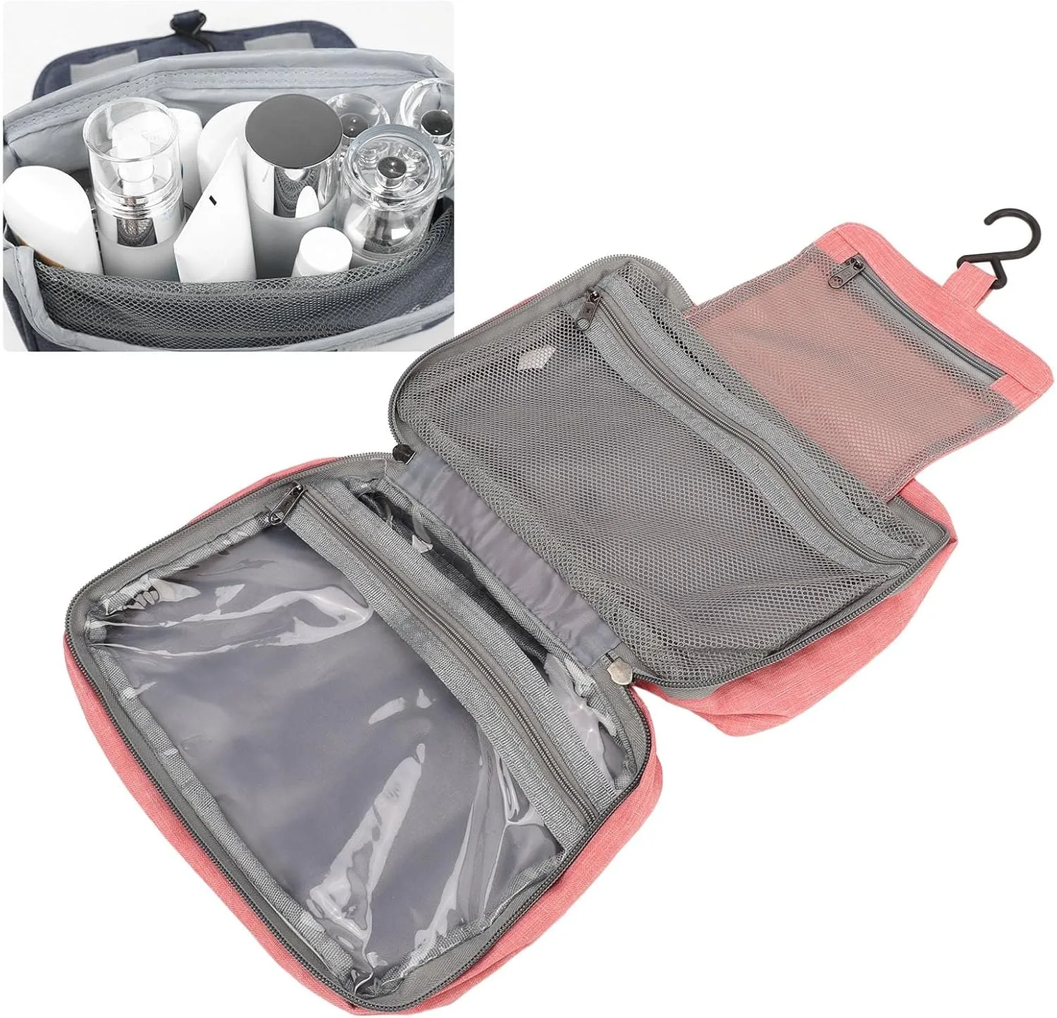 Travel Hanging Toiletry Bag Hanging Travel Cosmetic Bag Folded Toiletry Wash Organiser Pouch for Men Women (Pink)