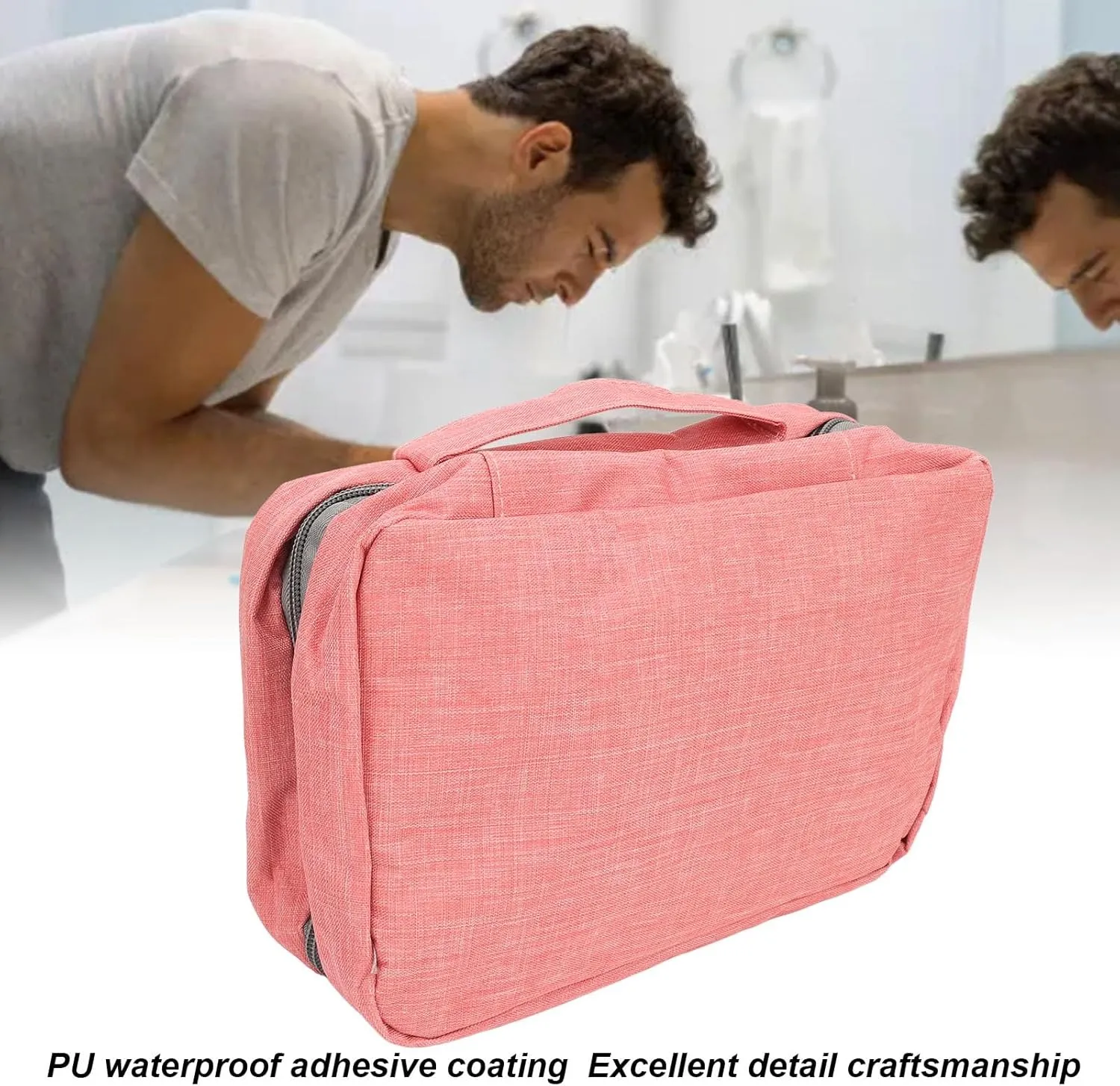 Travel Hanging Toiletry Bag Hanging Travel Cosmetic Bag Folded Toiletry Wash Organiser Pouch for Men Women (Pink)