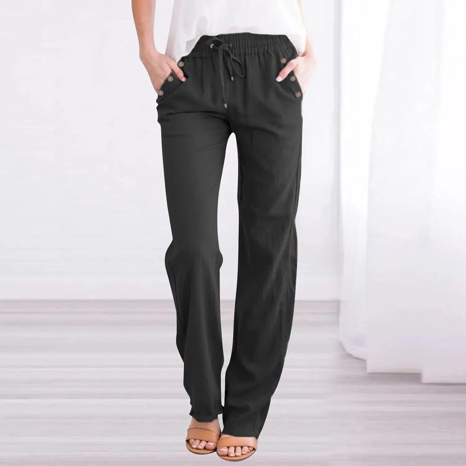 Trendy Pants for Women 2025 Linen Palazzo Pants Summer Casual Loose High Waist Wide Leg Pant Lounge Beach Trousers