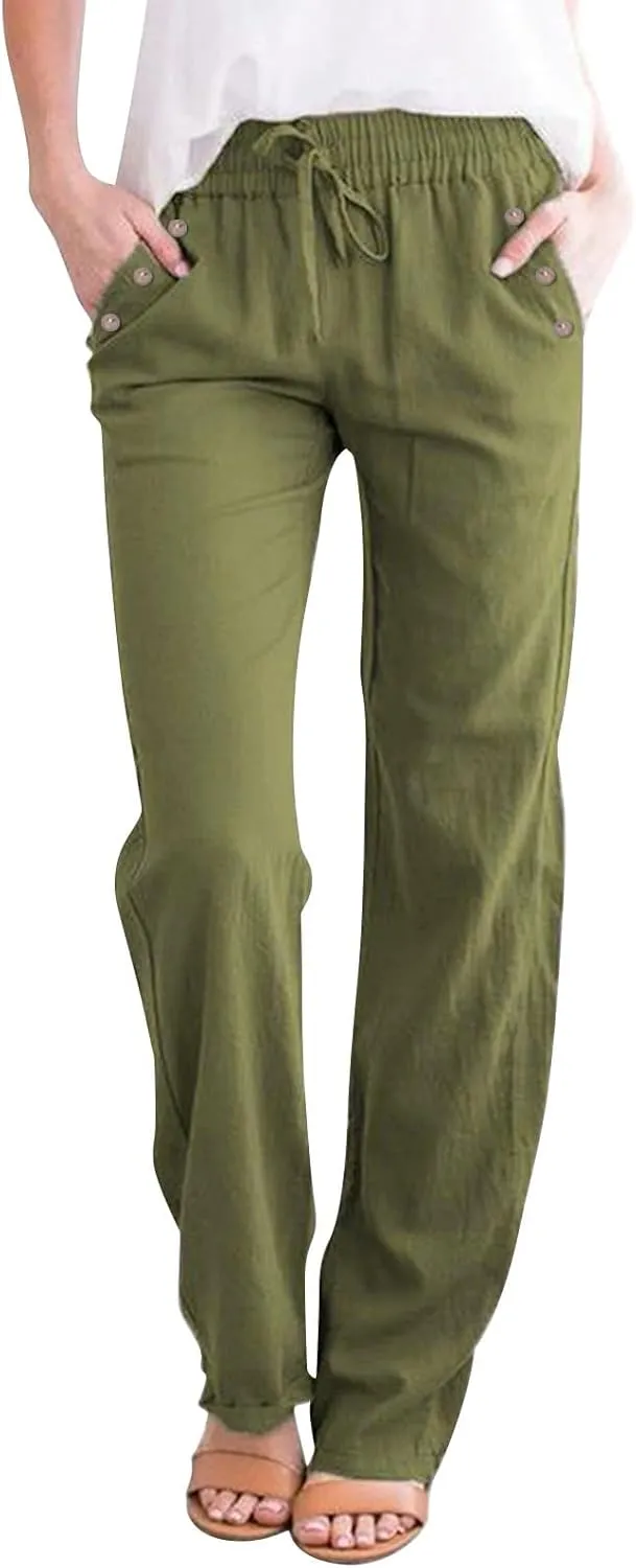 Trendy Pants for Women 2025 Linen Palazzo Pants Summer Casual Loose High Waist Wide Leg Pant Lounge Beach Trousers