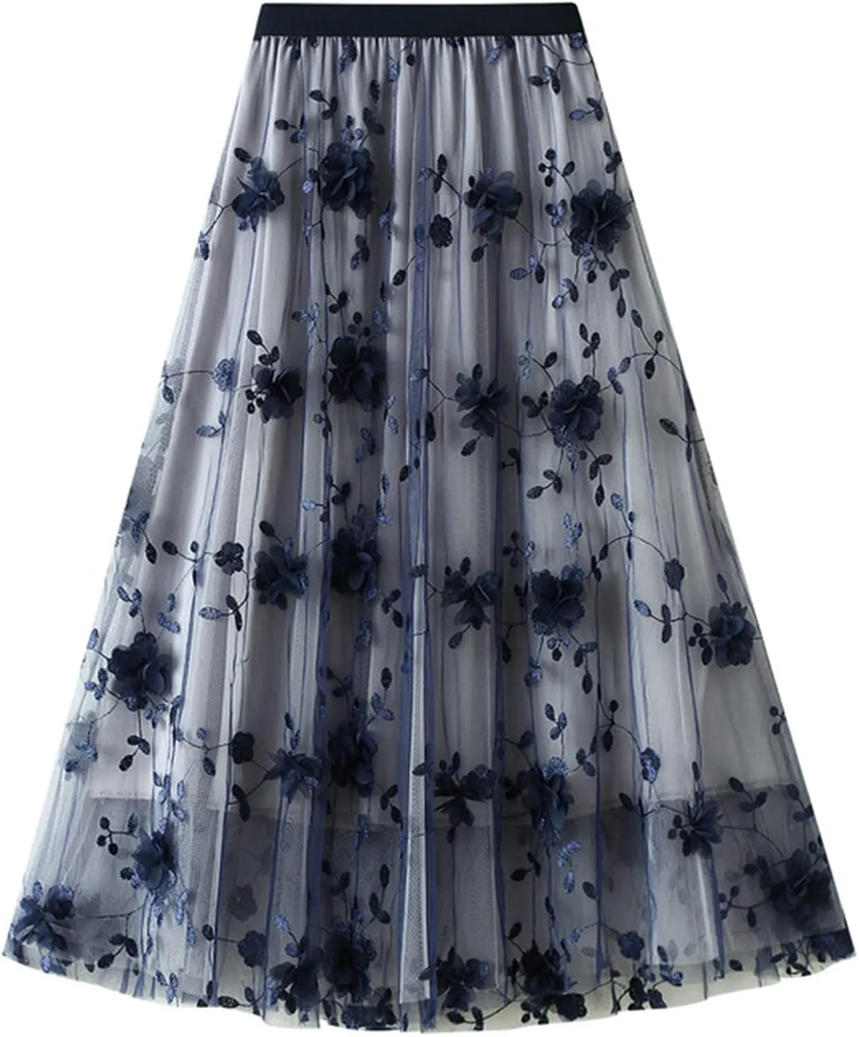 Tulle Skirts for Women High Waist Layered Floral Print Embroidery Mesh A-Line Skirt Party Dress